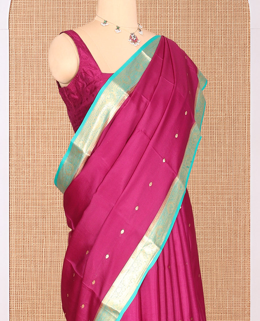 Pink Zari Buttas Mysore Silk Saree, Complemented by a Contrast Traditional Zari Border, Zari Design Pallu, and a Contrast Blouse