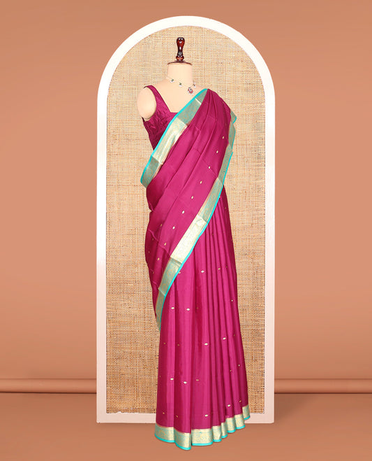 Pink Zari Buttas Mysore Silk Saree, Complemented by a Contrast Traditional Zari Border, Zari Design Pallu, and a Contrast Blouse