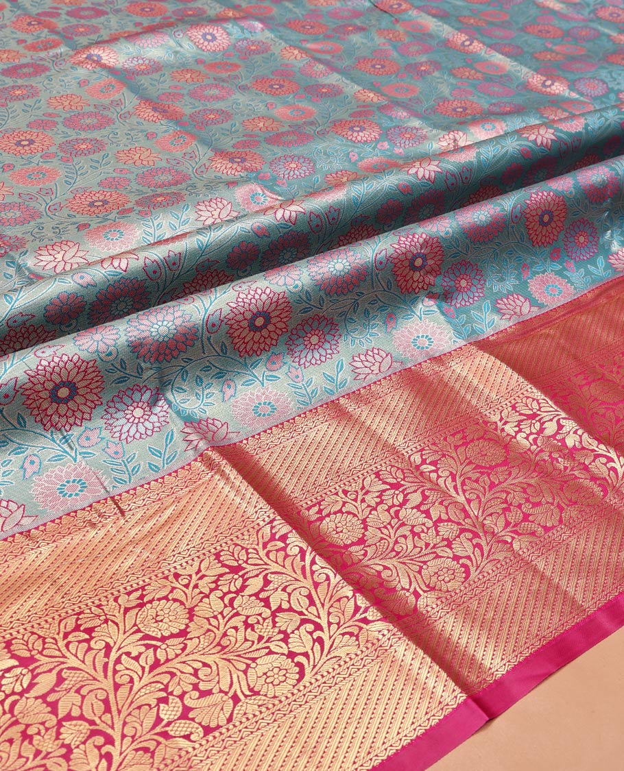 Blue Art Silk Material Half Saree Set, Embellished with Floral Jacquard Design Skirt, a Contrast Floral Design Border, Contrast Blouse, and an Intricate Dhavani