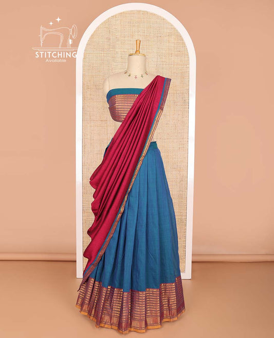 Blue cotton half saree with contrast geometric design border, zari design blouse & temple border dhavani