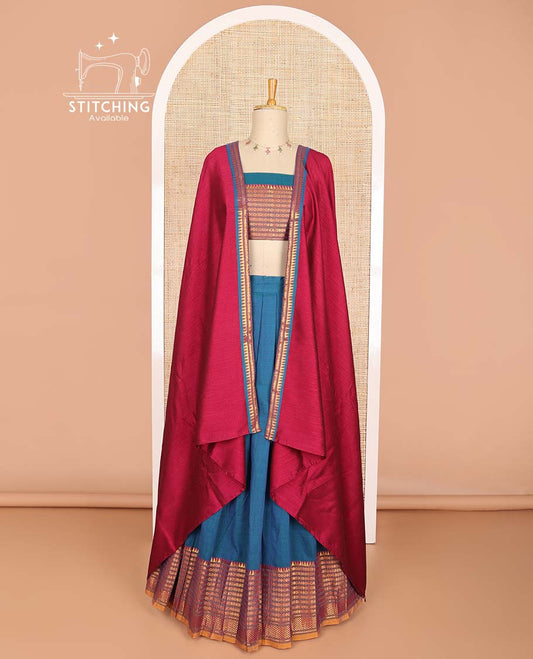 Blue cotton half saree with contrast geometric design border, zari design blouse & temple border dhavani