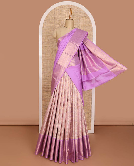 Pink jacquard pure-mix half-saree,contrast border of traditional zari design, zari design blouse & dhavani