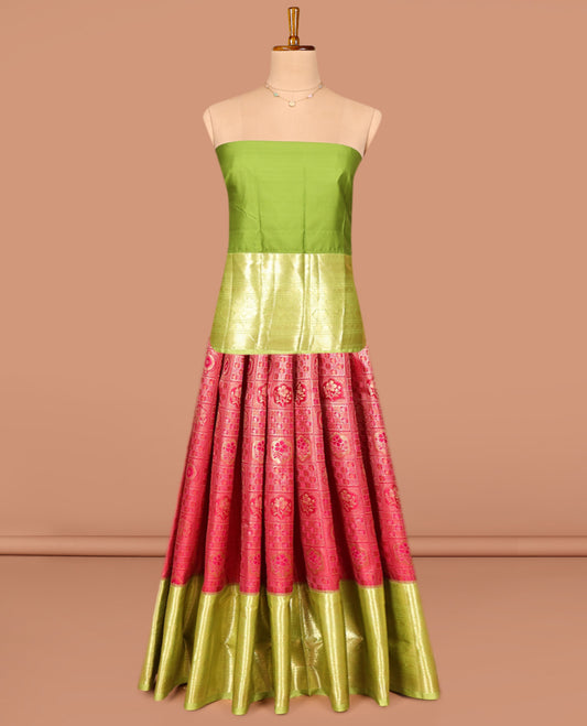 Red Art Silk Pavadai Material Set, Gracefully Embellished with Jacquard Design on Its Skirt, Complemented by a Contrast Traditional Zari Designs Border, and Paired with a Contrast Blouse