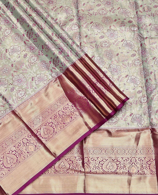 Grey Art Silk Half-Saree, Embellished with Jacquard Design, Contrast Traditional Zari Border, Paired with a Contrast Jacquard Blouse, and an Intricate Dhavani