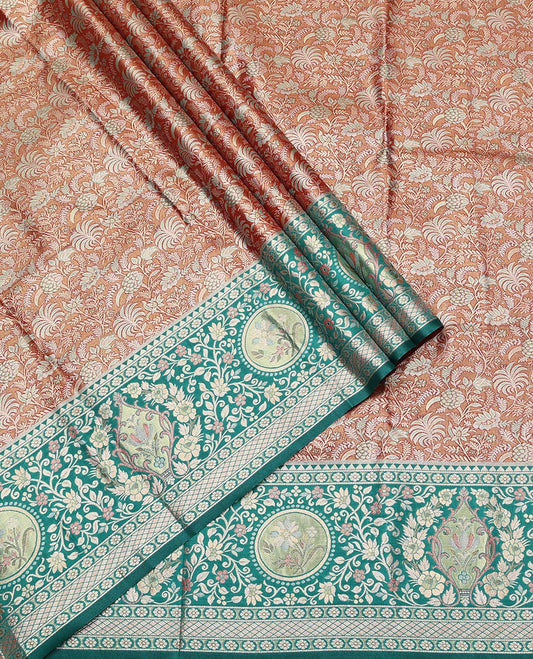 Orange Art Silk Half-Saree, Richly Detailed with Jacquard Design, Contrast Intricate Motif Border, Paired with a Contrast Jacquard Blouse, and an Intricate Dhavani