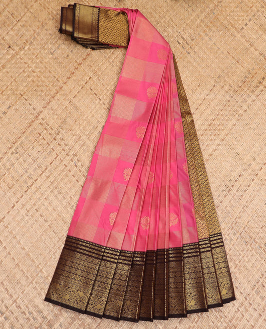 Pink zari butta enclosed checked budget silk saree, contrast traditional zari design border, and zari-rich pallu