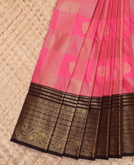 Pink zari butta enclosed checked budget silk saree, contrast traditional zari design border, and zari-rich pallu