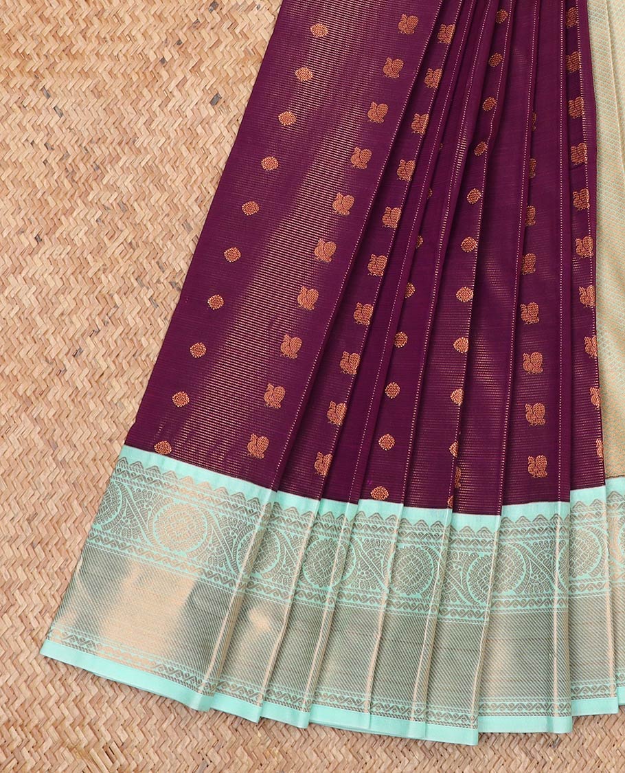 Purple peacock and chakra buttas gift saree, contrast traditional zari border, and jaal pallu