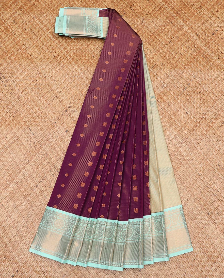 Purple peacock and chakra buttas gift saree, contrast traditional zari border, and jaal pallu
