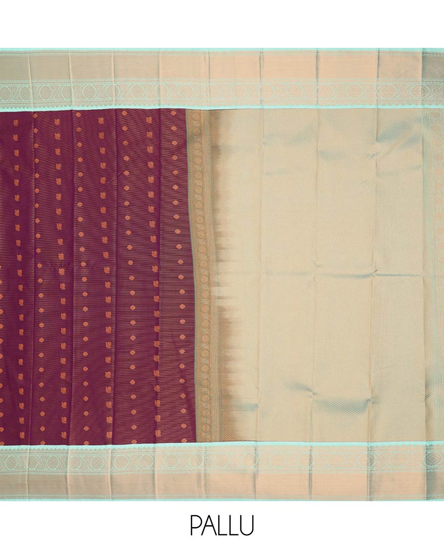 Purple peacock and chakra buttas gift saree, contrast traditional zari border, and jaal pallu