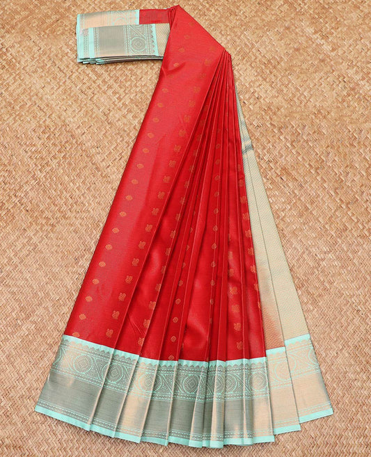 Red Budget Silk Saree Accentuated Up with Zari Buttas and Zari Stripes, Complemented by a Contrast Traditional Zari Design Border, Subtly Designed Jaal Pallu, and Paired with a Contrast Blouse