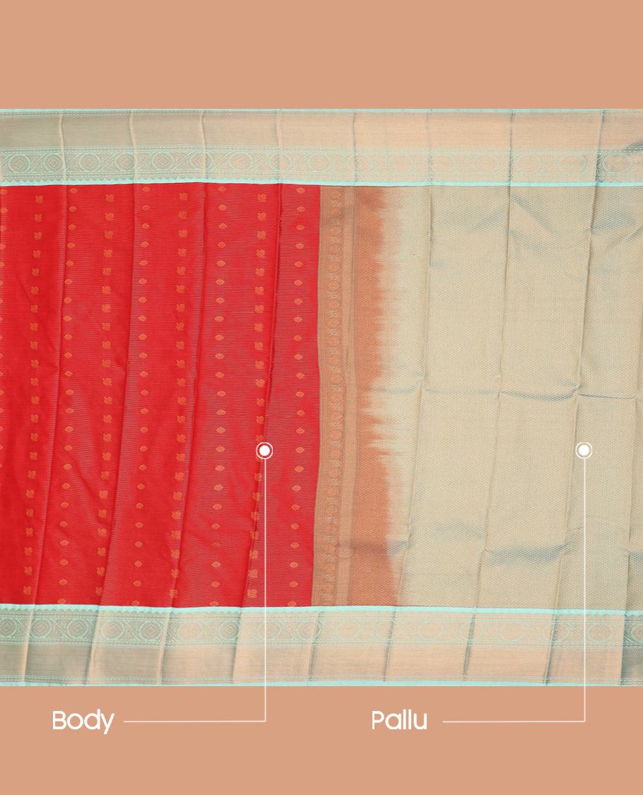 Red Budget Silk Saree Accentuated Up with Zari Buttas and Zari Stripes, Complemented by a Contrast Traditional Zari Design Border, Subtly Designed Jaal Pallu, and Paired with a Contrast Blouse