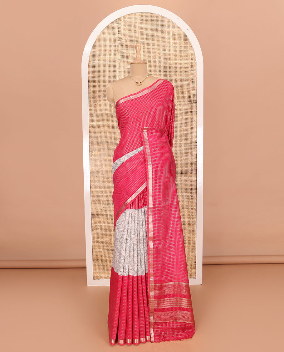 Pink Assam Silk Saree Subtly Sparkled with Micro-Checks and Kalamkari Floral Prints, Featuring a Simple Piping Border, a Pallu Woven with Zari Stripes, Paired with a Matching Checked Blouse