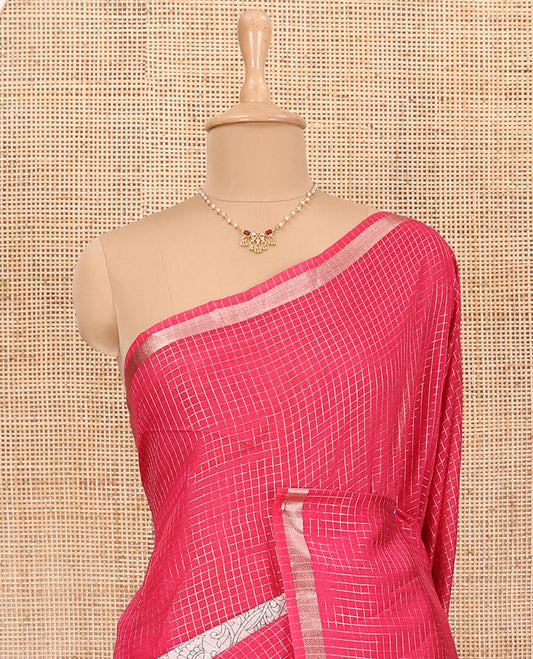 Pink Assam Silk Saree Subtly Sparkled with Micro-Checks and Kalamkari Floral Prints, Featuring a Simple Piping Border, a Pallu Woven with Zari Stripes, Paired with a Matching Checked Blouse