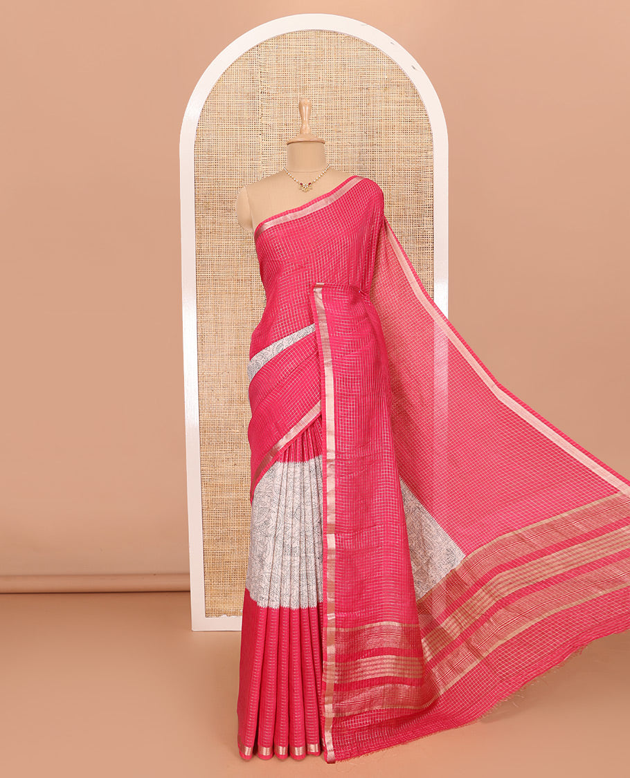 Pink Assam Silk Saree Subtly Sparkled with Micro-Checks and Kalamkari Floral Prints, Featuring a Simple Piping Border, a Pallu Woven with Zari Stripes, Paired with a Matching Checked Blouse
