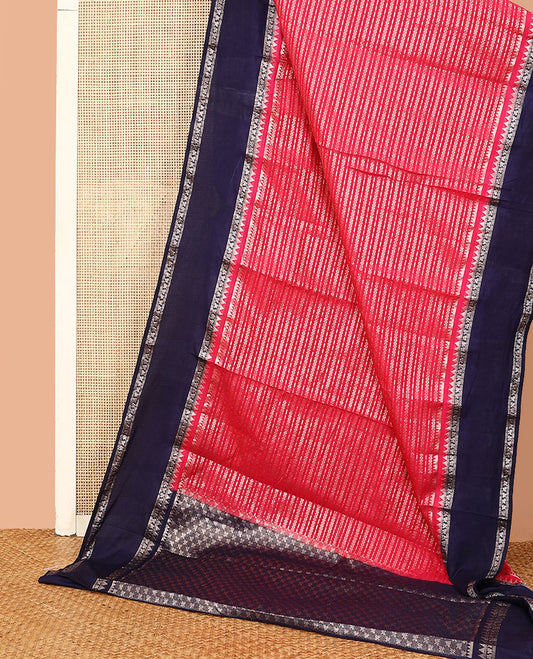 Red zig-zag stripes with polka dots zari woven assam silk saree, contrast traditional motifs woven double border, and zari design pallu