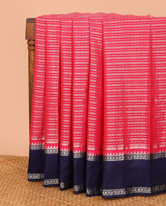 Red zig-zag stripes with polka dots zari woven assam silk saree, contrast traditional motifs woven double border, and zari design pallu