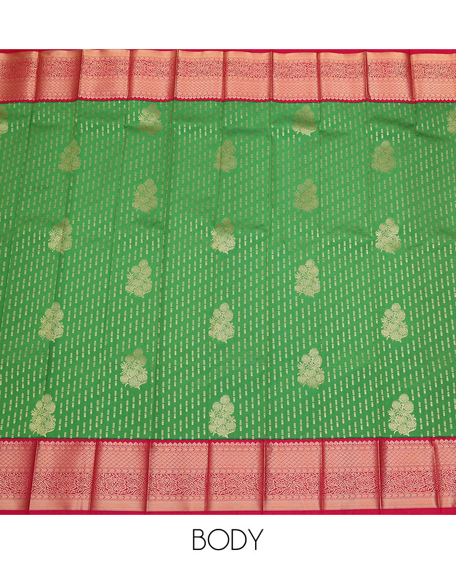 Green zari buttas budget silk saree, contrast traditional zari design border, and pallu of intricate design