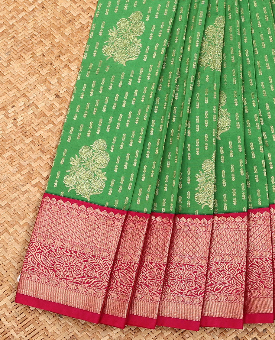 Green zari buttas budget silk saree, contrast traditional zari design border, and pallu of intricate design