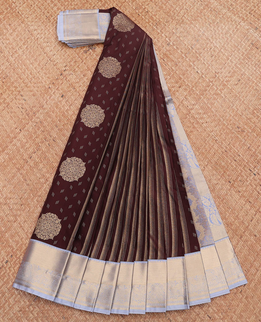 Brown Budget Silk Saree, Accentuated with Zari Buttas, Complemented by a Contrast Traditional Zari Border, Grand Pallu, and a Contrast Blouse
