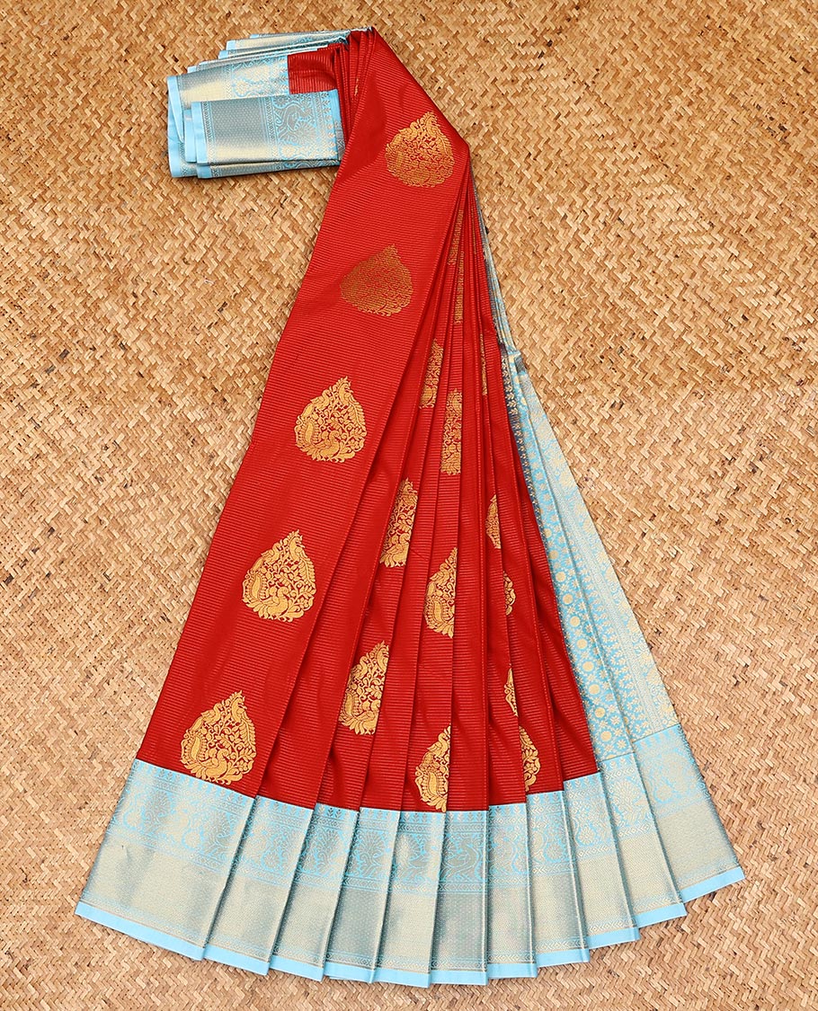 Red zari stripes, and buttas gift saree, contrast traditional zari design border, and jaal pallu