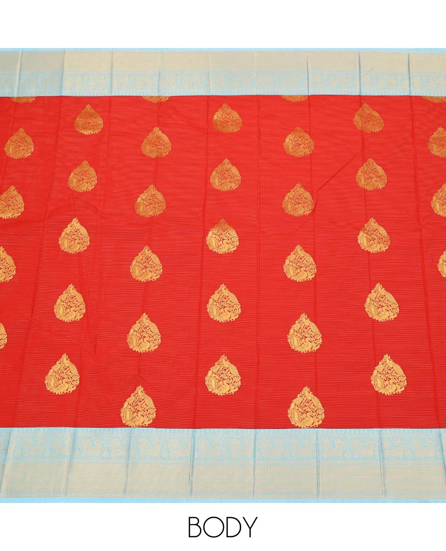 Red zari stripes, and buttas gift saree, contrast traditional zari design border, and jaal pallu