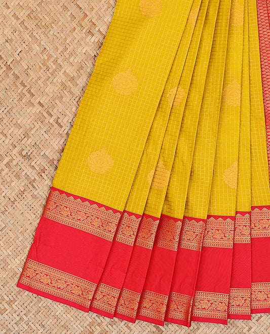Yellow checked and zari buttas gift saree, contrast traditional design rettai pettu border, and pallu of intricate designs