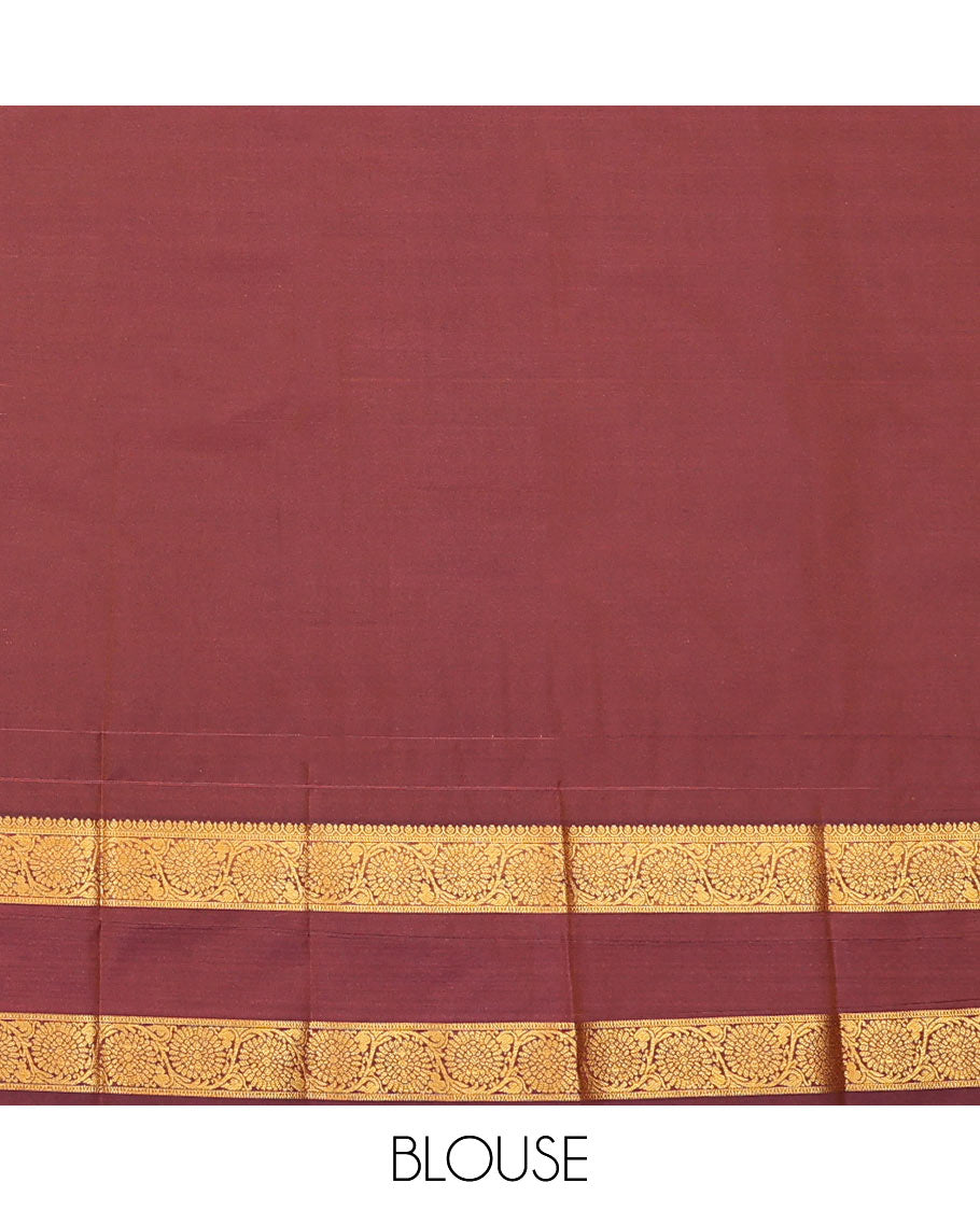 Pink buttas budget silk saree, contrast rettai pettu floral creeper border, and jaal pallu