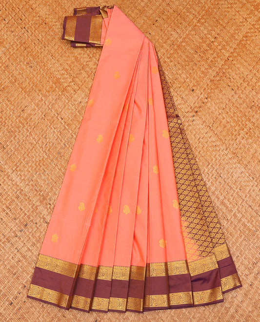 Pink buttas budget silk saree, contrast rettai pettu floral creeper border, and jaal pallu