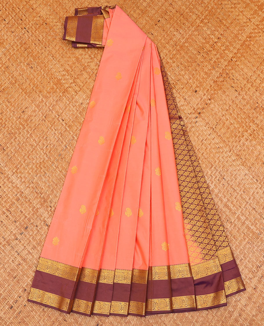 Pink buttas budget silk saree, contrast rettai pettu floral creeper border, and jaal pallu