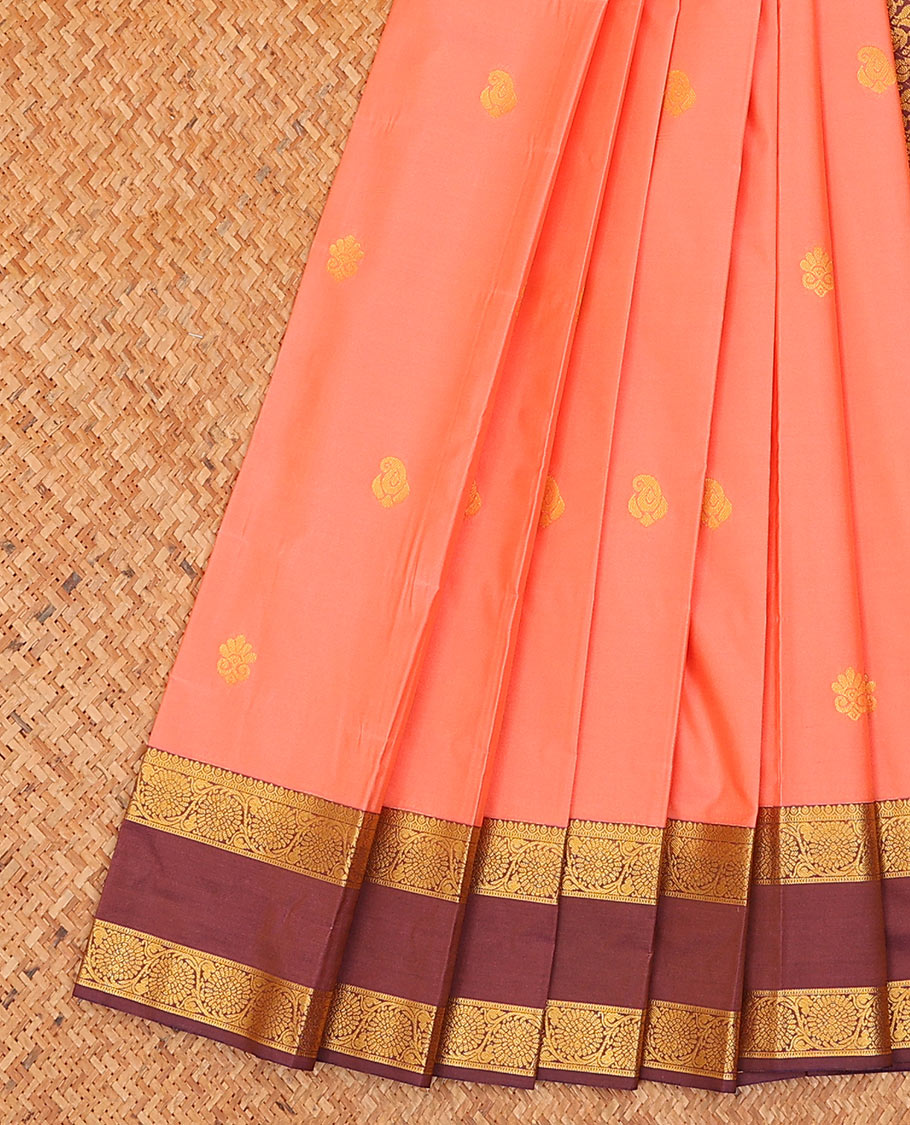 Pink buttas budget silk saree, contrast rettai pettu floral creeper border, and jaal pallu