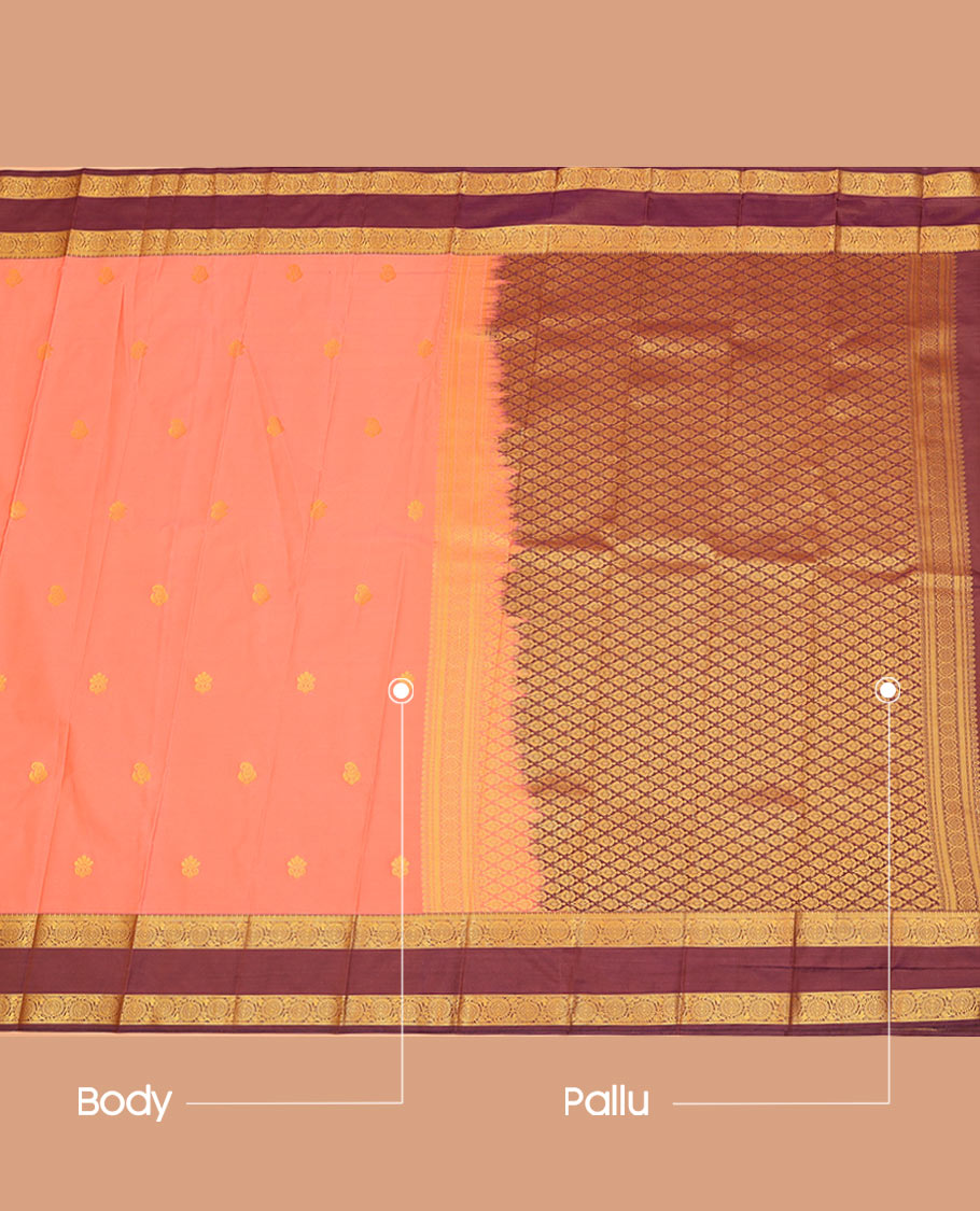 Pink buttas budget silk saree, contrast rettai pettu floral creeper border, and jaal pallu