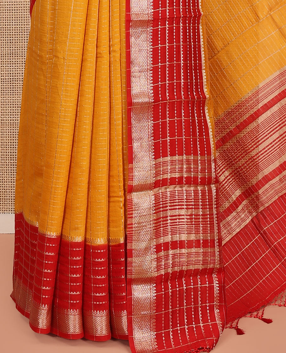Yellow Assam Silk Saree, Spotlighted with Zari Checked Design on Its Body, Complemented by Contrast Traditional Zari Design Border, Pallu Features Gleaming Zari Stripes, and Paired with a Contrast Blouse
