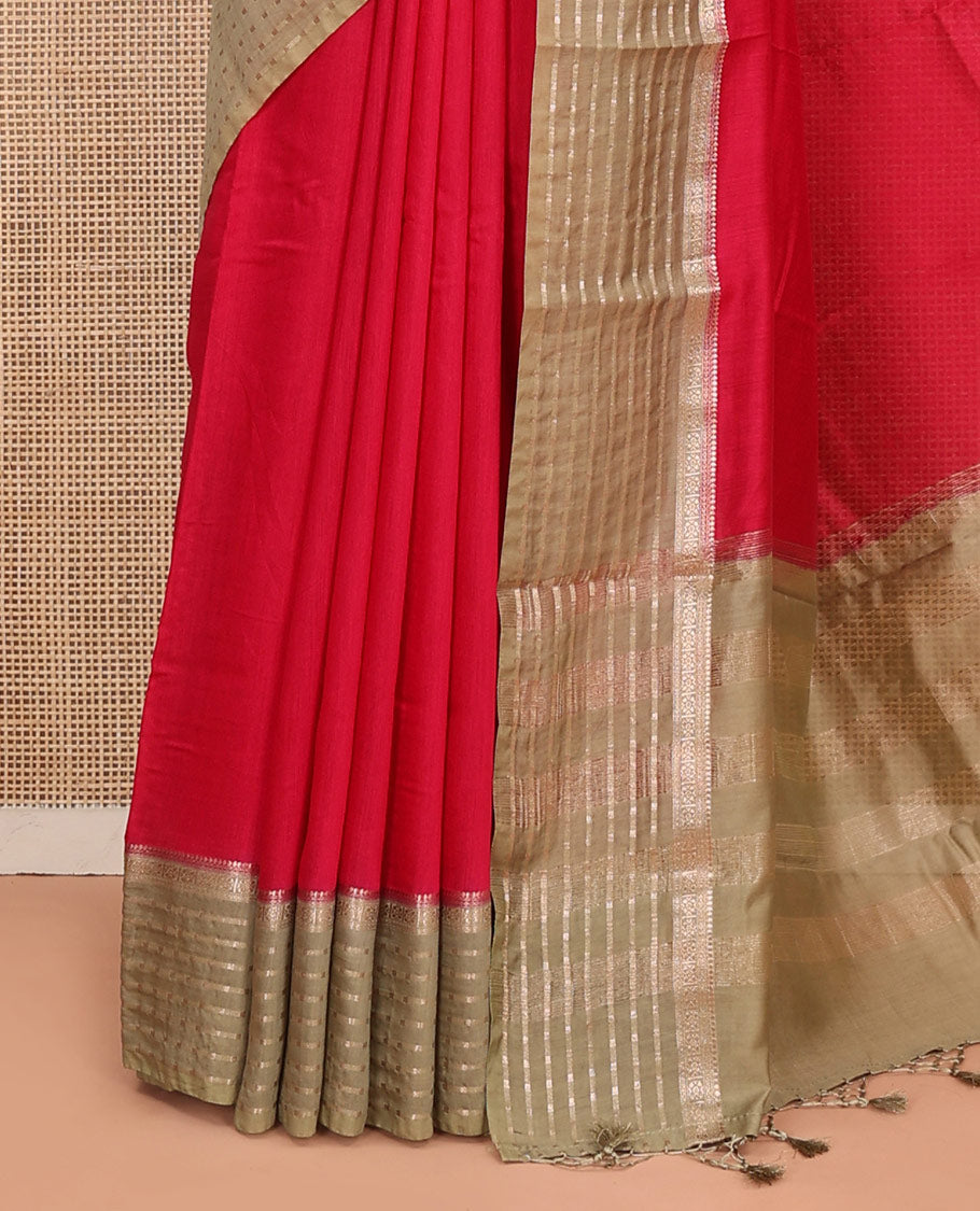 Red Plain Assam Silk Saree, Complemented by Captivating Contrast Border Featuring Traditional Zari Designs, Gleaming Zari Woven Pallu, and Paired with a Contrast Blouse