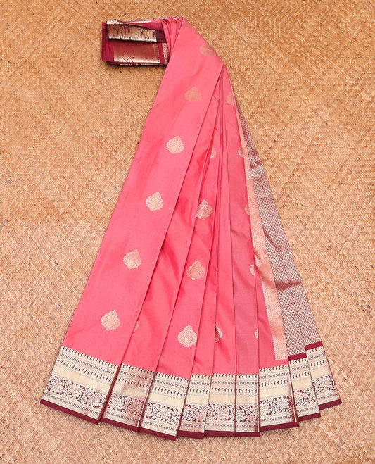 Pink Budget Silk Saree, Accentuated with Zari Buttas All Over Its Body, Complemented by Captivating Contrast Traditional Zari Designs Woven Border, Pallu of Peacock Eye Designs, and Paired with a Contrast Blouse