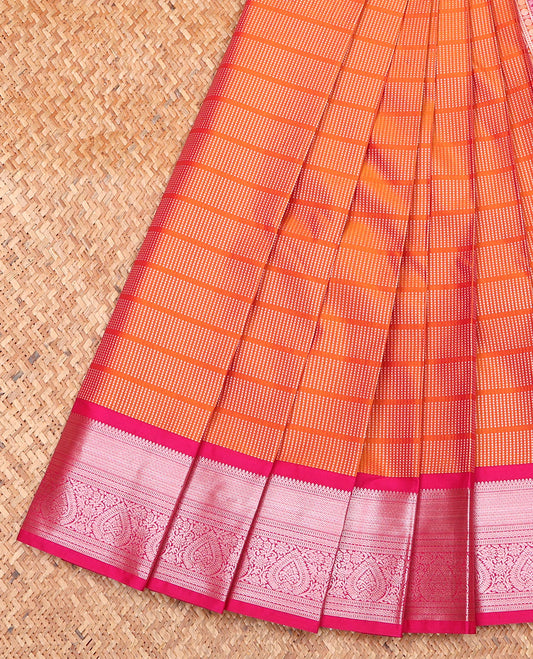 Orange Budget Silk Saree, Spotlighted with Micro-Buttas on Its Body, Complemented by a Contrast Traditional Zari Design Border, Grand Jaal Pallu, and Paired with a Contrast Blouse