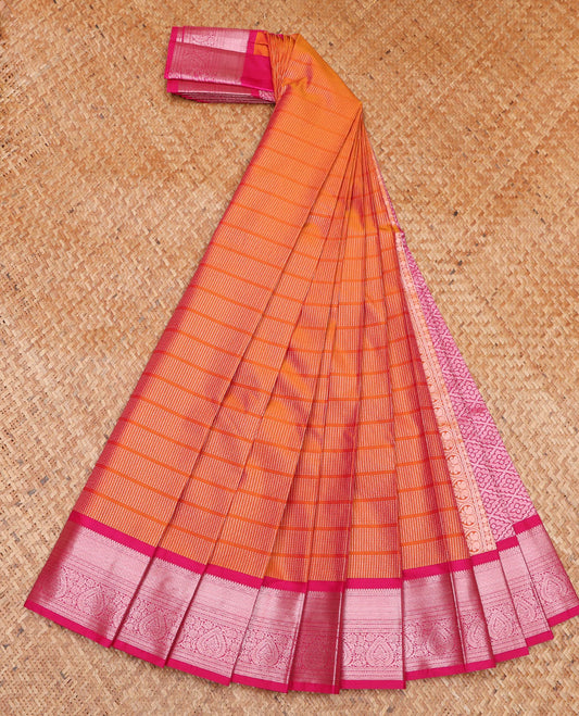 Orange Budget Silk Saree, Spotlighted with Micro-Buttas on Its Body, Complemented by a Contrast Traditional Zari Design Border, Grand Jaal Pallu, and Paired with a Contrast Blouse