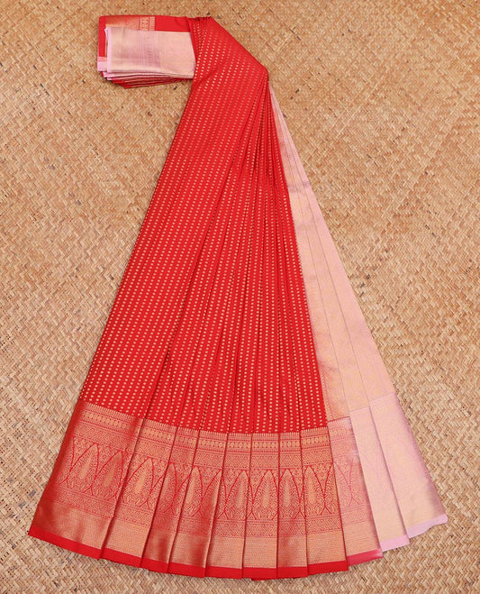 Red Budget Silk Saree, Accentuated With Zari Buttas All Over Its Body, Highlighted by Traditional Zari Designs Woven Border, Grand Jaal Pallu and Paired with a Contrast Blouse