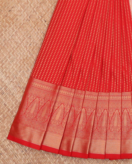 Red Budget Silk Saree, Accentuated With Zari Buttas All Over Its Body, Highlighted by Traditional Zari Designs Woven Border, Grand Jaal Pallu and Paired with a Contrast Blouse