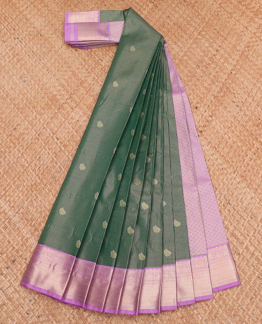 Green Budget Silk Saree, Gracefully Embellished with Zari Buttas and Checks, Complemented by Contrast Traditional Zari Border, Jaal Pallu, and a Contrast Blouse