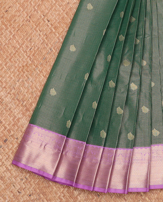 Green Budget Silk Saree, Gracefully Embellished with Zari Buttas and Checks, Complemented by Contrast Traditional Zari Border, Jaal Pallu, and a Contrast Blouse