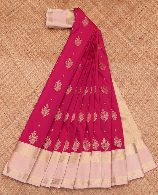 Red Budget Silk Saree, Graced with Zari Buttas, Complemented by a Contrast Traditional Zari Rettai Pettu Border, Grand Pallu, and a Contrast Blouse