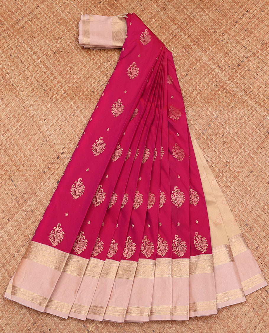 Red Budget Silk Saree, Graced with Zari Buttas, Complemented by a Contrast Traditional Zari Rettai Pettu Border, Grand Pallu, and a Contrast Blouse