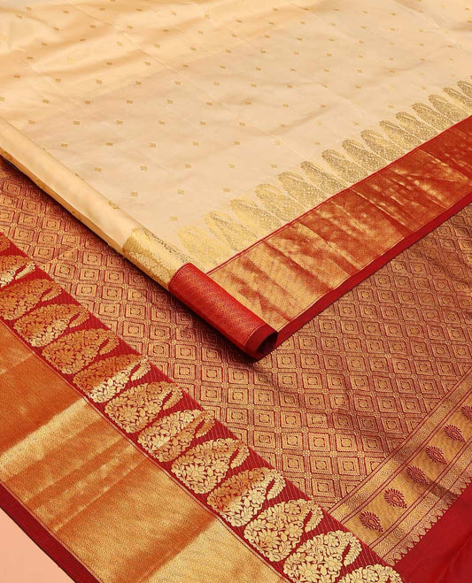 Sandal zari buttas Bangalore silk saree, contrast zari border of paisleys, and zari-rich jaal pallu