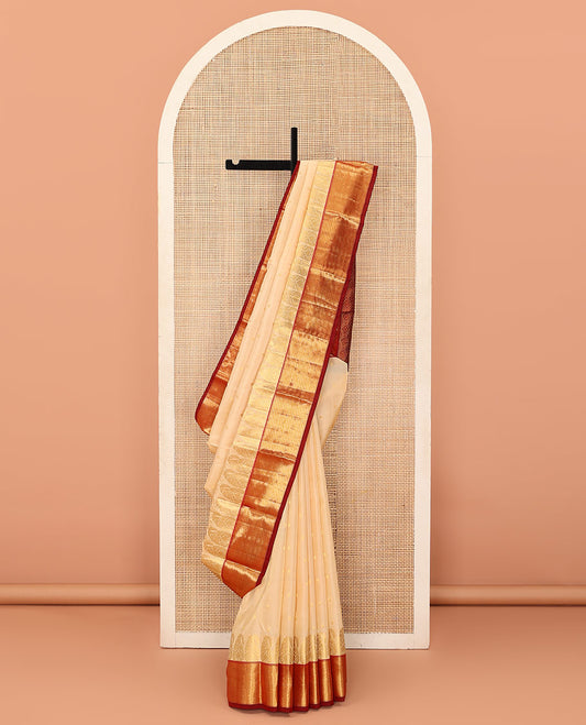 Sandal zari buttas Bangalore silk saree, contrast zari border of paisleys, and zari-rich jaal pallu