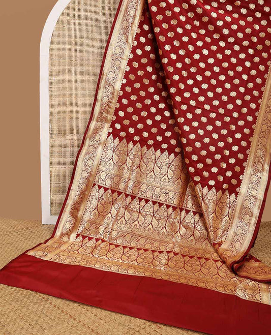 Red floral buttas semi banaras nylon saree with self intricate zari design border & floral design pallu