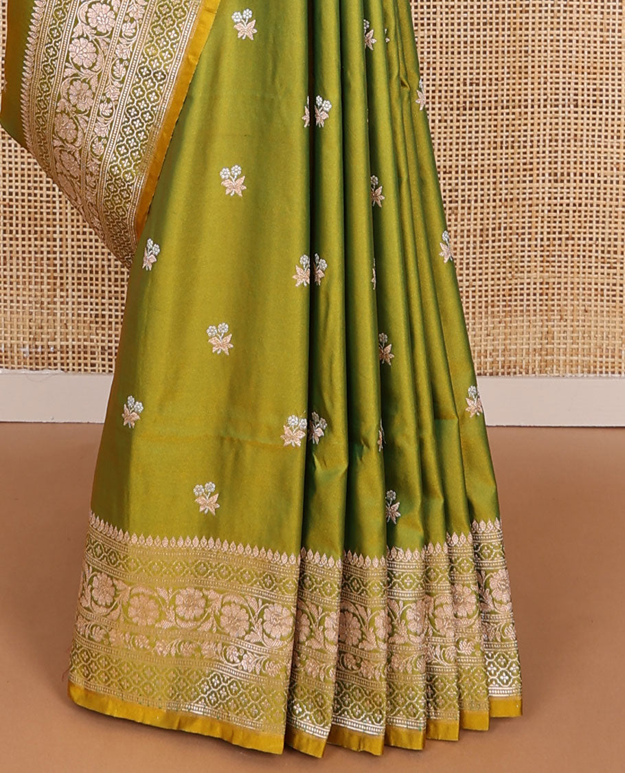 Green motifs semi banaras satin saree with self floral design border & argyle design pallu