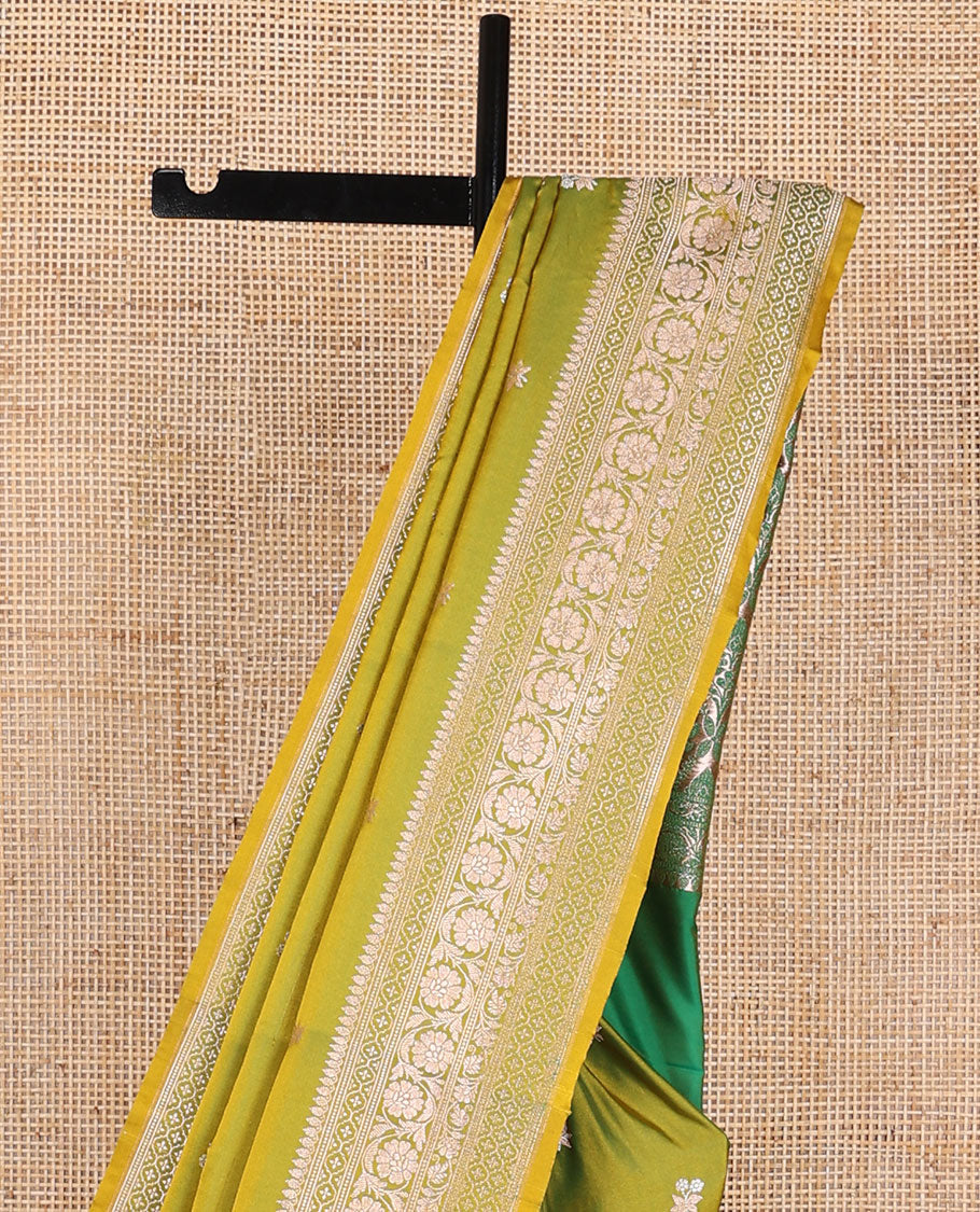 Green motifs semi banaras satin saree with self floral design border & argyle design pallu