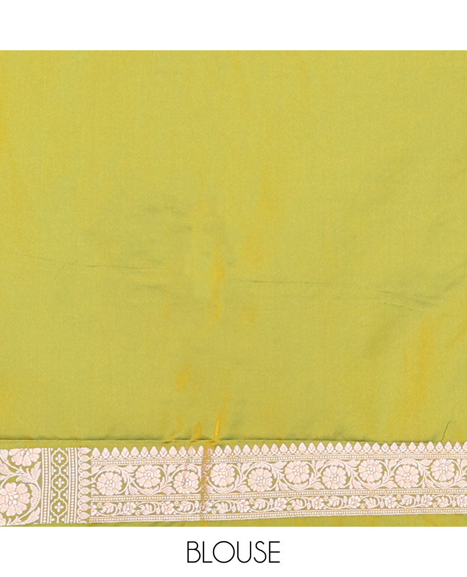 Green motifs semi banaras satin saree with self floral design border & argyle design pallu