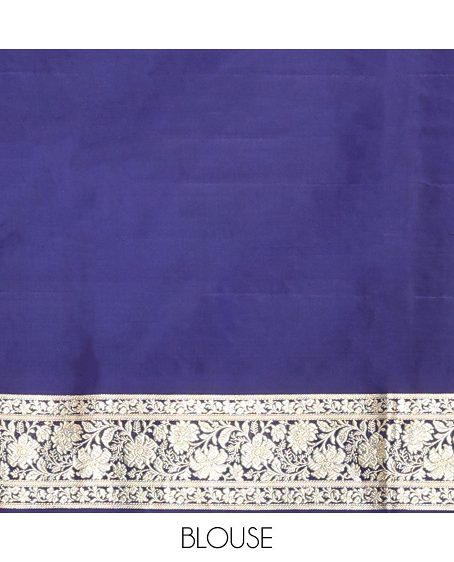 Navy blue banarasi silk saree with zari buttas, self-border of floral creeper designs & pallu steeped with floral designs